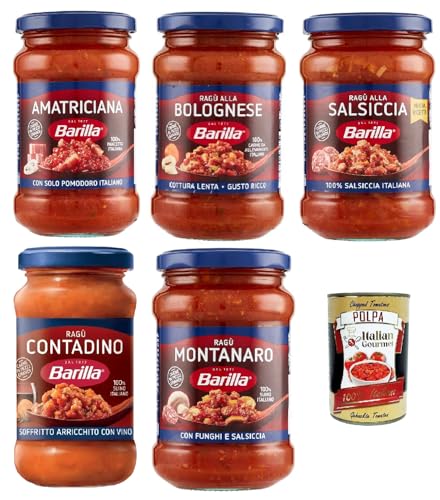 Barilla Sugo ragu testpaket, Salsa, Fertige Tomatensauce mit 100% italienischem, amatriciana, bolognese, contadino, montanaro, salsiccia 5x 300 gr + Italian Gourmet polpa 400g von Italian Gourmet E.R.