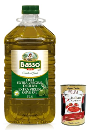 Basso Olio Extra Vergine di Oliva, Natives Olivenöl Extra, Ideal für alle Anwendungen in der Küche, 5Lt Pet flasche + Itaian Gourmet polpa 400g von Italian Gourmet E.R.