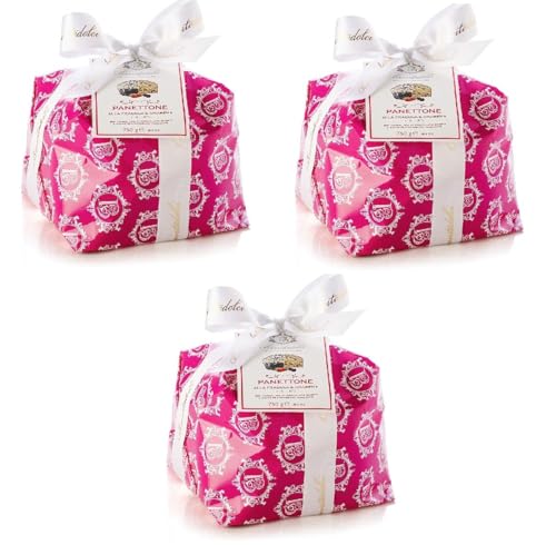 Brontedolci Panettone Incartato Fragola e Amarena Weihnachtskuchen mit Erdbeeren und Sauerkirschen bedeckt mit weißer Schokolade und dunklen Schokoladentropfen 3x 750g in Papier verpackt von Italian Gourmet E.R.