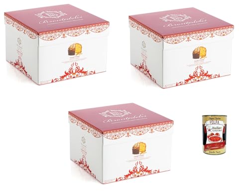 Brontedolci Panettone Incartato Ricetta Classica Weihnachtskuchen mit Rosinen und Orangenschale bedeckt mit Mandeln und Zucker 3x 1000g in Papier verpackt + Italian Gourmet polpa 400g von Italian Gourmet E.R.