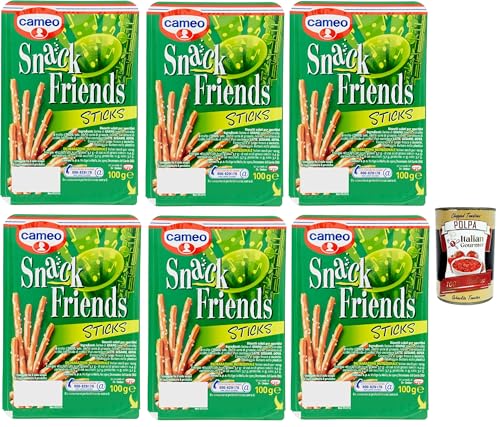 Cameo Snack Friends Sticks, Herzhafte Kekse für Aperitifs, duftende Vorspeisen mit Salzkörnern auf der Oberfläche, 6x 100 g + Italian Gourmet polpa 400g von Italian Gourmet E.R.