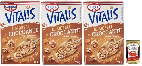 Cameo Vitalis Miele e Mandorle, Müsli knusprige getrocknete Honig und Mandeln Hafer Mandeln Anacardi Haselnüsse und Pekannusswalnüsse, 3x 310 g + Italian Gourmet polpa 400g von Italian Gourmet E.R.