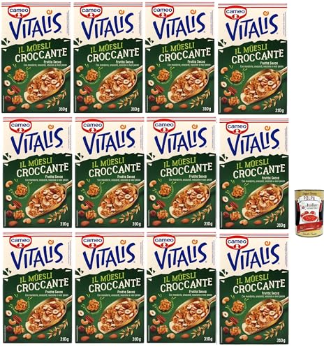 Cameo Vitalis Muesli Croccante Frutta Secca, Müsli knusprige getrocknete Früchte mit Ganzhöfenflocken Hafer Mandeln Anacardi Haselnüsse und Pekannusswalnüsse, 12x 310 g + Italian Gourmet polpa 400g von Italian Gourmet E.R.