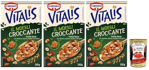 Cameo Vitalis Muesli Croccante Frutta Secca, Müsli knusprige getrocknete Früchte mit Ganzhöfenflocken Hafer Mandeln Anacardi Haselnüsse und Pekannusswalnüsse, 3x 310 g + Italian Gourmet polpa 400g von Italian Gourmet E.R.