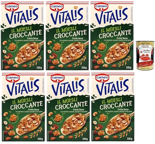 Cameo Vitalis Muesli Croccante Frutta Secca, Müsli knusprige getrocknete Früchte mit Ganzhöfenflocken Hafer Mandeln Anacardi Haselnüsse und Pekannusswalnüsse, 6x 310 g + Italian Gourmet polpa 400g von Italian Gourmet E.R.