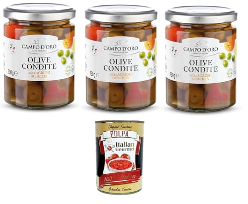 Campo D'Oro Olive Condite agli agrumi di Sicilia Oliven von Campo D'Oro, gewürzt mit sizilianischen Zitrusfrüchten 3x290gr + Italian Gourmet polpa 400g von Italian Gourmet E.R.