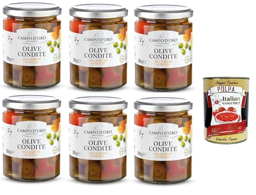 Campo D'Oro Olive Condite agli agrumi di Sicilia Oliven von Campo D'Oro, gewürzt mit sizilianischen Zitrusfrüchten 6x290gr + Italian Gourmet polpa 400g von Italian Gourmet E.R.