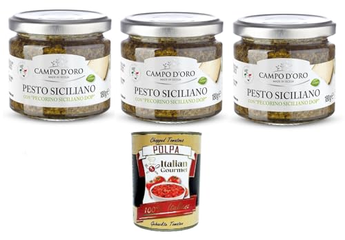 Campo D'Oro- Pesto Siciliano Con pecorino siciliano Dop Sizilianisches Pesto mit sizilianischem Pecorino DOP 3x 180gr + Italian Gourmet polpa 400g von Italian Gourmet E.R.