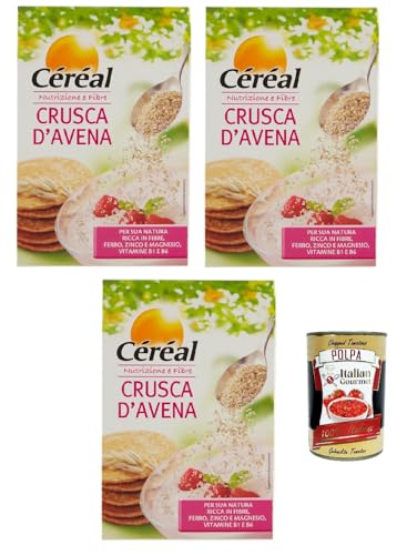 Céréal Crusca D’Avena, Haferbran, Proteinquelle, reich an Ballaststoffen, optimal zum Frühstück und Pfannkuchen, um den Darmbohrloch zu fördern 3x 400 g + Italian Gourmet polpa 400g von Italian Gourmet E.R.