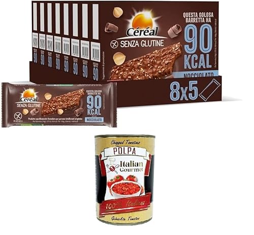 Céréal Haselnuss, glutenfreie Riegel mit Getreide und Schokolade, leckerer und ballaststoffreicher Snack mit nur 90 Kalorien pro Keks, Packung mit 8 Packungen à 5 Riegeln (8 x 5, 90 g) von Italian Gourmet E.R.