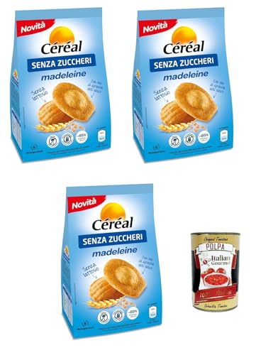 Céréal Madeleine senza zucchero e senza latte, Zucker- und milchfreie Snacks, Reduzierte Auswirkungen auf den Blutzucker – Ohne Palmöl oder Farbstoffe, 3x 150 g + Italian Gourmet polpa 400g von Italian Gourmet E.R.