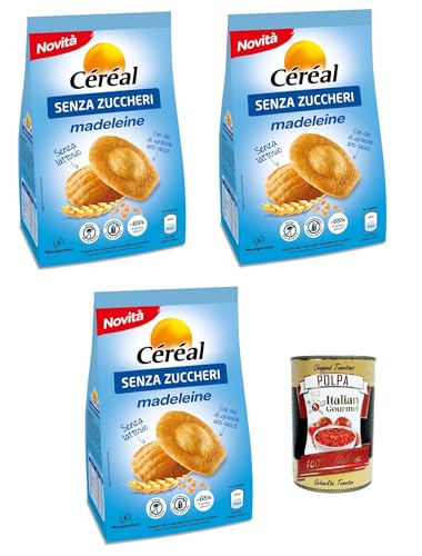 Céréal Madeleine senza zucchero e senza latte, Zucker- und milchfreie Snacks – Classic Madeleine, ohne Palmöl oder Farbstoffe – 3x 150 gr + Italian Gourmet polpa 400g von Italian Gourmet E.R.