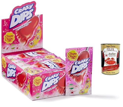 Chupa Chups Crazy Dip, Strawberry Popping Candy and Lollypop, Erdbeer -Knall -Süßigkeiten und Lutscher, 24 stuck, 336g + Italian Gourmet polpa 400g von Italian Gourmet E.R.