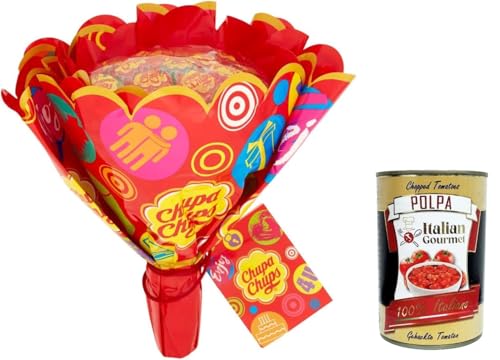 Chupa Chups Flower Bouquet,Lutscher, verschiedene Fruchtgeschmacksrichtungen: Zitrone, Orange, Erdbeere, Apfel, Wassermelone und Kirsche, Bouquet mit 19 Stück+ Italian Gourmet polpa 400g von Italian Gourmet E.R.