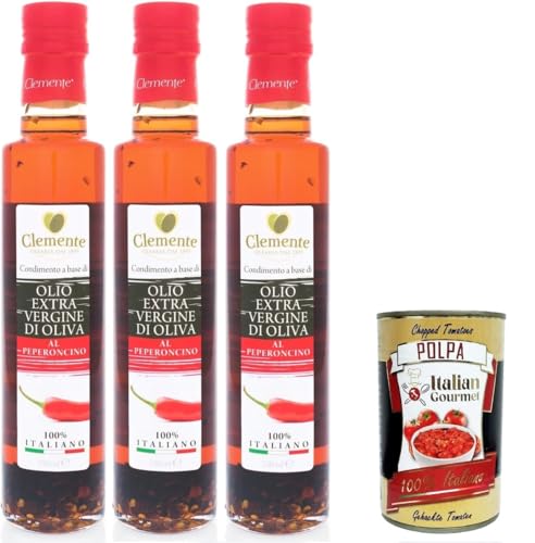 Clemente-Öl – Chili-Geschmack, 3 Flaschen à 250 ml | Italienisches Extra Natives Olivenöl | Glutenfreies italienisches Olivenöl extra vergine+ Italian Gourmet polpa 400g von Italian Gourmet E.R.