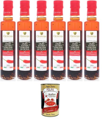 Clemente-Öl – Chili-Geschmack, 6 Flaschen à 250 ml | Italienisches Extra Natives Olivenöl | Glutenfreies italienisches Olivenöl extra vergine+ Italian Gourmet polpa 400g von Italian Gourmet E.R.