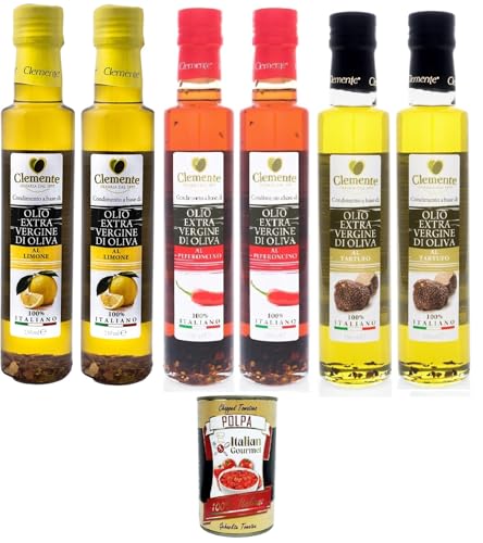 Clemente-Öl -Clemente Testpaket Extra natives Olivenöl aromatisiert mit Zitrone, Chilischote, Trüffel 6x250ml Italienisches Extra Natives Olivenöl+ Italian Gourmet polpa 400g von Italian Gourmet E.R.