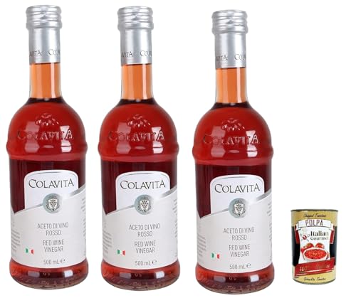 Colavita Rotweinessig 3x 500 ml, Aus Italien importiert, Premium rotes Essig zum Kochen, Salatdressings und marinieren frisches oder gegrilltes Gemüse + Italian Gourmet polpa 400g von Italian Gourmet E.R.