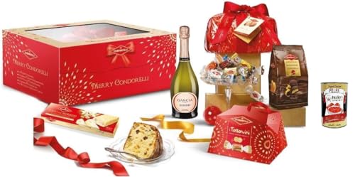 Condorelli Strenna Merry Christmas Weihnachtskorb mit 5 Stück mit Panettone, verschiedenen Nougats, Nougatstange, Schokoladenpralinen und einer Flasche Sekt+ Italian Gourmet polpa 400g von Italian Gourmet E.R.