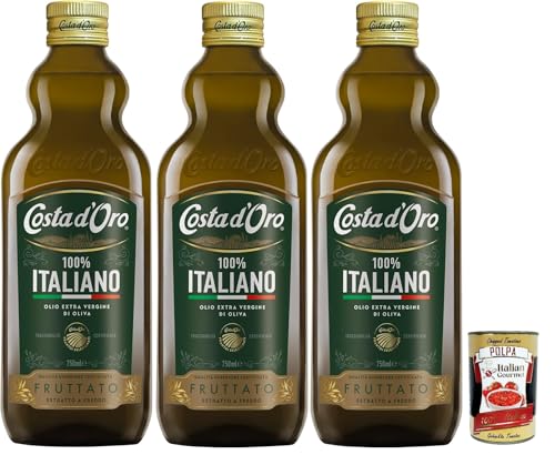 Costa d'Oro, Olio 100% Italiano, Extra Nativ Virgin Olivenöl, kalt extrahiert, aus 100% italienischen Oliven. 3x 750ml + Italian Gourmet polpa 400g von Italian Gourmet E.R.