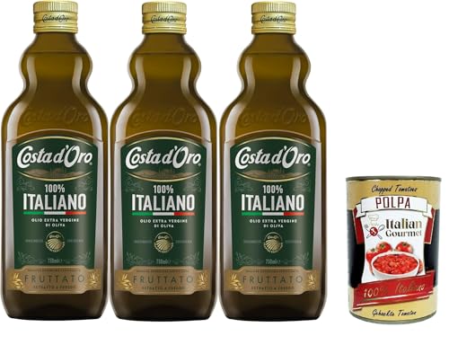 Costa d'Oro – Der Italiener 750 ml. Natives Olivenöl extra kalt gewonnen aus 100% italienischen Oliven, fruchtig. 3x 75 cl Flasche + Italian Gourmet polpa 400g von Italian Gourmet E.R.