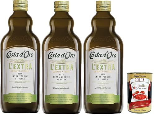 Costa d'Oro Extra, die zusätzliche 1l. Kälte extrahiert extrahiertes Olivenöl extrahiert. Ausgewogener Geschmack, geeignet für alle Rezepte und als Salatgewürz, 3x 1 lt + Italian Gourmet polpa 400g von Italian Gourmet E.R.