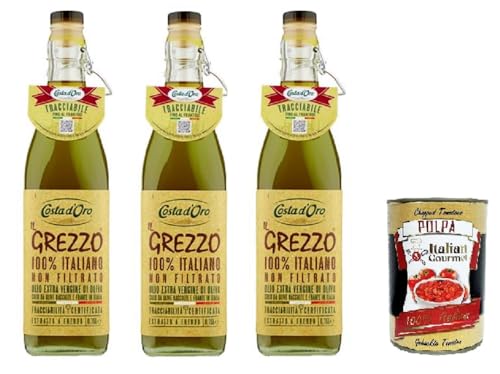 Costa d'oro il grezzo 100% italiano non filtrato olio extra vergine di oliva rohes 100% italienisches ungefiltertes natives Olivenöl extra 3x75ml+ Italian Gourmet Polpa di Pomodoro 400g von Italian Gourmet E.R.