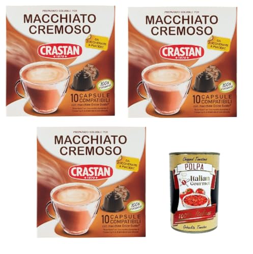 Crastan, 30 Kapseln, 3 Kisten aus 10 Kapseln Macchiato e cremoso Geschmack, Kapseln, die mit süßem Geschmack kompatibel sind, um zu süßen zu schmecken + Italian Gourmet polpa 400g von Italian Gourmet E.R.