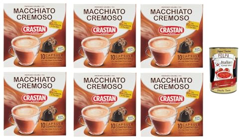 Crastan, 60 Kapseln, 6 Kisten aus 10 Kapseln Macchiato e cremoso Geschmack, Kapseln, die mit süßem Geschmack kompatibel sind, um zu süßen zu schmecken + Italian Gourmet polpa 400g von Italian Gourmet E.R.