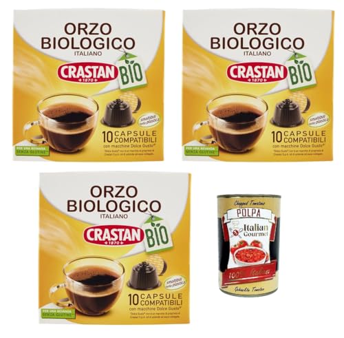 Crastan Orzo, 30 Kapseln, 3 Kisten mit 10 Kapseln Gerstengetränk, Kapseln, die mit süßem Geschmack, glutenfreies Getränk, ohne Koffein und Zucker + Italian Gourmet polpa 400g von Italian Gourmet E.R.