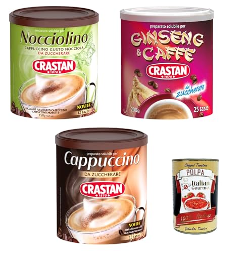 Crastan Testpaket Nocciolino, Cappuccino, Ginseng e caffe', Solubile, Cappuccino löslicher Haselnussgeschmack 3x 150g + Italian Gourmet polpa 400g von Italian Gourmet E.R.