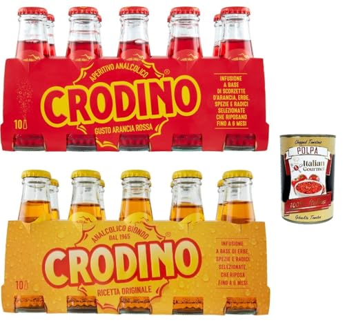 Crodino Testpaket, biondo und arancia rossa, Crodino 20x 100 ml Aperitif bitter, Italienischer nicht -alkoholischer Aperitif bereit zu trinken + Italian Gourmet polpa 400g von Italian Gourmet E.R.