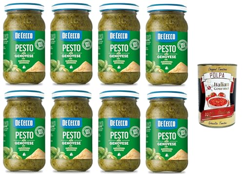 De Cecco Pesto alla Genovese con Parmigiano Reggiano senza aglio Pesto mit frischem Basilikum, Parmigiano Reggiano ohne Knoblauch Italienisches Sauce 8x190g + Italian Gourmet polpa 400g von Italian Gourmet E.R.