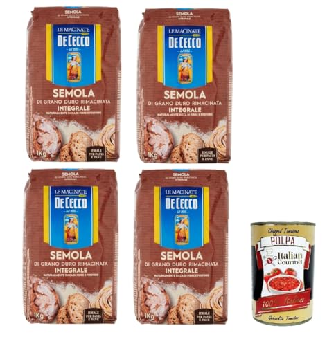 De Cecco Semola di Grano Duro Integrale Vollkorn Hartweizengrieß 4x1Kg ideal für Pasta und Brot + Italian Gourmet polpa 400g von Italian Gourmet E.R.