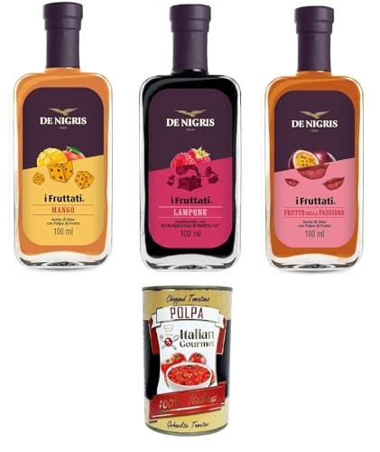 De Nigris Testpaket I Fruttati Passion Fruit,Lampone,Mango Fruchtige Passionsfrucht, Himbeere, Mango 3x100ml+ Italian Gourmet polpa 400g von Italian Gourmet E.R.