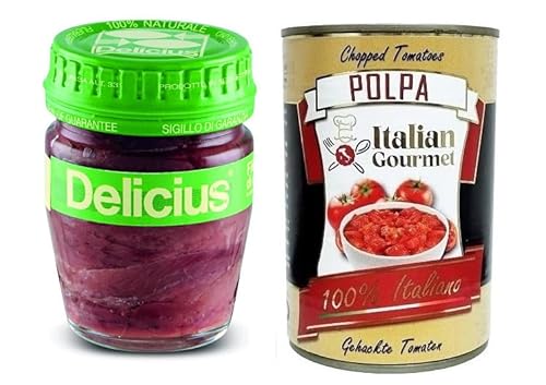 Delicius Filetti Di Alici In Olio Di Girasole,Sardellenfilets in Sonnenblumenöl,Hochwertiger Blauer Fisch,Glas 58g + Italian Gourmet Polpa di Pomodoro 400g Dose von Italian Gourmet E.R.