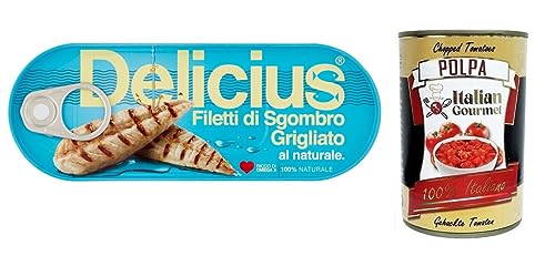 Delicius Filetti di Sgombro Grigliati al Naturale,Natürliche Gegrillte Makrelenfilets,reich an Omega 3,Hochwertiger Blauer Fisch,110g Dose + Italian Gourmet Polpa di Pomodoro 400g Dose von Italian Gourmet E.R.