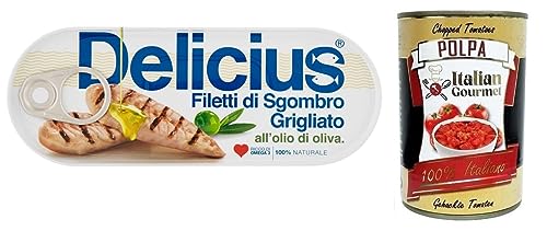 Delicius Filetti di Sgombro Grigliati all'Olio di Oliva,Gegrillte Makrelenfilets in Olivenöl,reich an Omega 3,Hochwertiger Blauer Fisch,110g Dose + Italian Gourmet Polpa di Pomodoro 400g Dose von Italian Gourmet E.R.