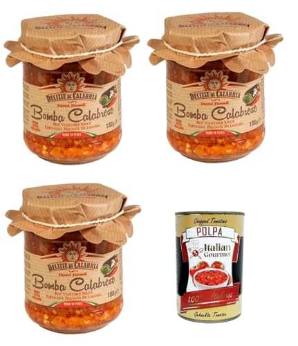 Delizia di Calabria, Bomba Calabrese, Italienischer Hot Saucenaufstrich, würziges italienisches Gewürz mit authentischem kalabrischen Chili, Feurige Hot Dip-Salsa 3x 180g + Italian Gourmet polpa 400g von Italian Gourmet E.R.