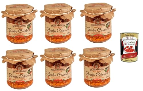 Delizia di Calabria, Bomba Calabrese, Italienischer Hot Saucenaufstrich, würziges italienisches Gewürz mit authentischem kalabrischen Chili, Feurige Hot Dip-Salsa 6x 180g + Italian Gourmet polpa 400g von Italian Gourmet E.R.