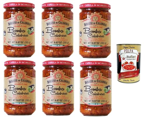 Delizia di Calabria, Bomba Calabrese, Italienischer Hot Saucenaufstrich, würziges italienisches Gewürz mit authentischem kalabrischen Chili, Feurige Hot Dip-Salsa 6x 280g + Italian Gourmet polpa 400g von Italian Gourmet E.R.