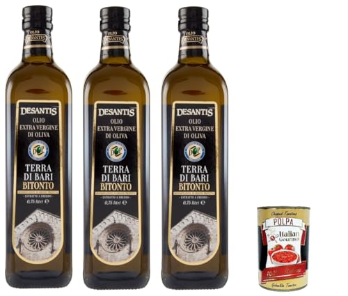 Desantis olio extra vergine di oliva DOP, Natives Olivenöl extra, terra di bari bitonto DOP, 3x 0,75 l + Italian Gourmet polpa 400g von Italian Gourmet E.R.