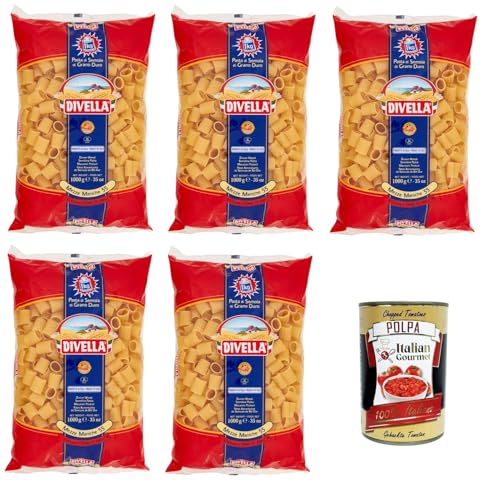 Divella Mezze Maniche N°55 Hartweizengrieß Pasta Italienische Nudeln 5x500g Packung + Italian Gourmet Polpa di Pomodoro 400g von Italian Gourmet E.R.