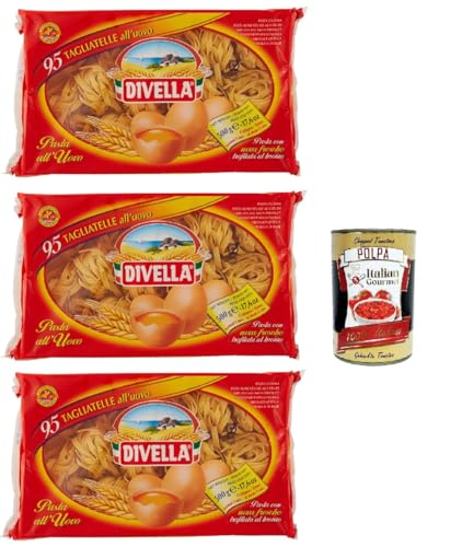 Divella - Tagliatelle all'uovo Nº 95 - Authentische italienische Pasta, Eiernudeln – Die köstlichsten Tagliatelle zum Teilen mit der Familie -3x 500 g + Italian Gourmet polpa 400g von Italian Gourmet E.R.