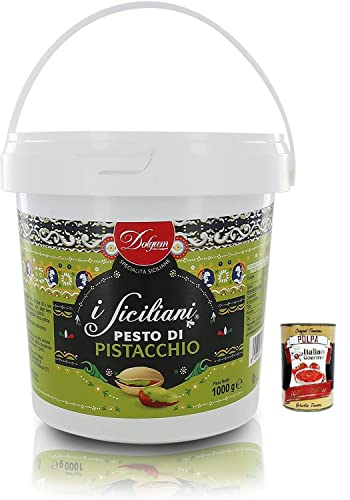 Dolgam I Siciliani Pistazien-Pesto Glutenfreie,Sizilianische Spezialitäten,1000g-Eimer,Pistazien aus Sizilien mit 65% + Italian Gourmet Polpa di Pomodoro 400g Dose von Italian Gourmet E.R.