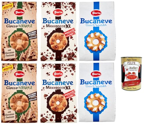 Doria Bucaneve Testpaket, Ciocco Integrale,Classico und Choco XL, Kekse Vollkornkekse mit Vollkornmehl und Dunkler Schokolade, 4x 300g 2x 400g Beutel + Italian Gourmet Polpa 400g Dose von Italian Gourmet E.R.