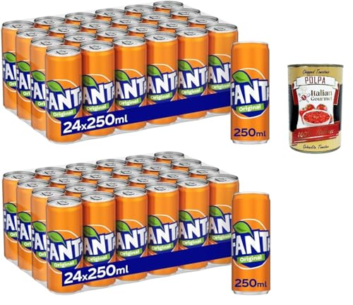 Fanta Original Taste - 48x 250 ml Dosen mit italienischem Orangensaft, ohne Konservierungsmittel, 100% recycelbare, erfrischender Geschmack, funkelnde Erfrischungsgetränk + Italian Gourmet polpa 400g von Italian Gourmet E.R.