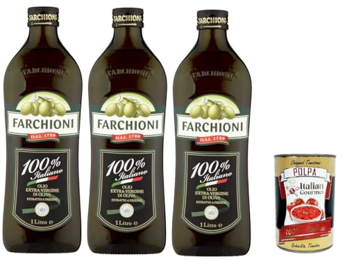 Farchioni Olio Extra Vergine di Oliva 100% Italiano Natives Olivenöl extra mit Italienische Oliven 3x 1Lt kalte Extraktion Speiseöl + Italian Gourmet polpa 400g von Italian Gourmet E.R.