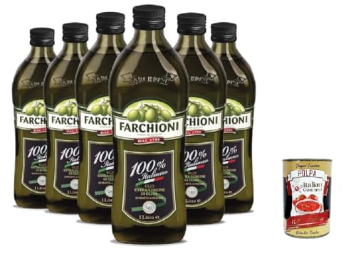 Farchioni Olio Extra Vergine di Oliva 100% Italiano Natives Olivenöl extra mit Italienische Oliven 6x 1Lt kalte Extraktion Speiseöl + Italian Gourmet polpa 400g von Italian Gourmet E.R.