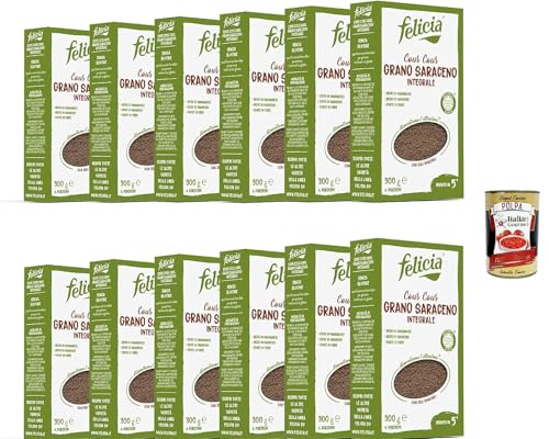 Felicia, Pasta Cous Cous di Grano Saraceno Integrale, Vollkornnudel, reiche Quelle für Ballaststoffe und Mineralsalze, Magnesium und Mangan, Veganer, 12x 300 g + Italian Gourmet polpa 400g von Italian Gourmet E.R.